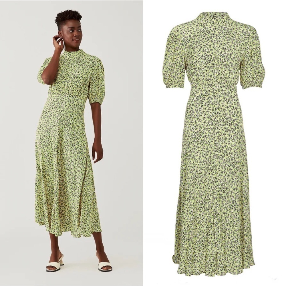 Ghost London • Luella Dress midi puff sleeve Sophie leaf print rayon